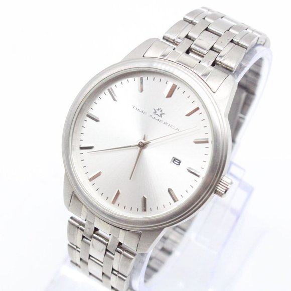 Time America Watch Mens Silver Tone Stainless Steel Classic Quartz Silver Dial - Picture 1 of 8